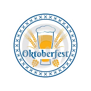 Oktoberfest logo, label or icon. Beer fest round badge with glass, wheat and malt. German, Bavarian October festival design